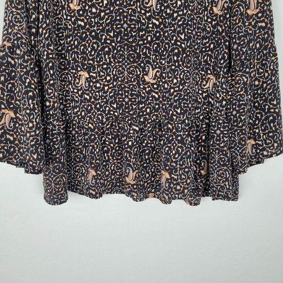 Madewell Silk Blouse 3/4 Bell Sleeve Peplum Patterned Black Multicolor Size L - Picture 4 of 11